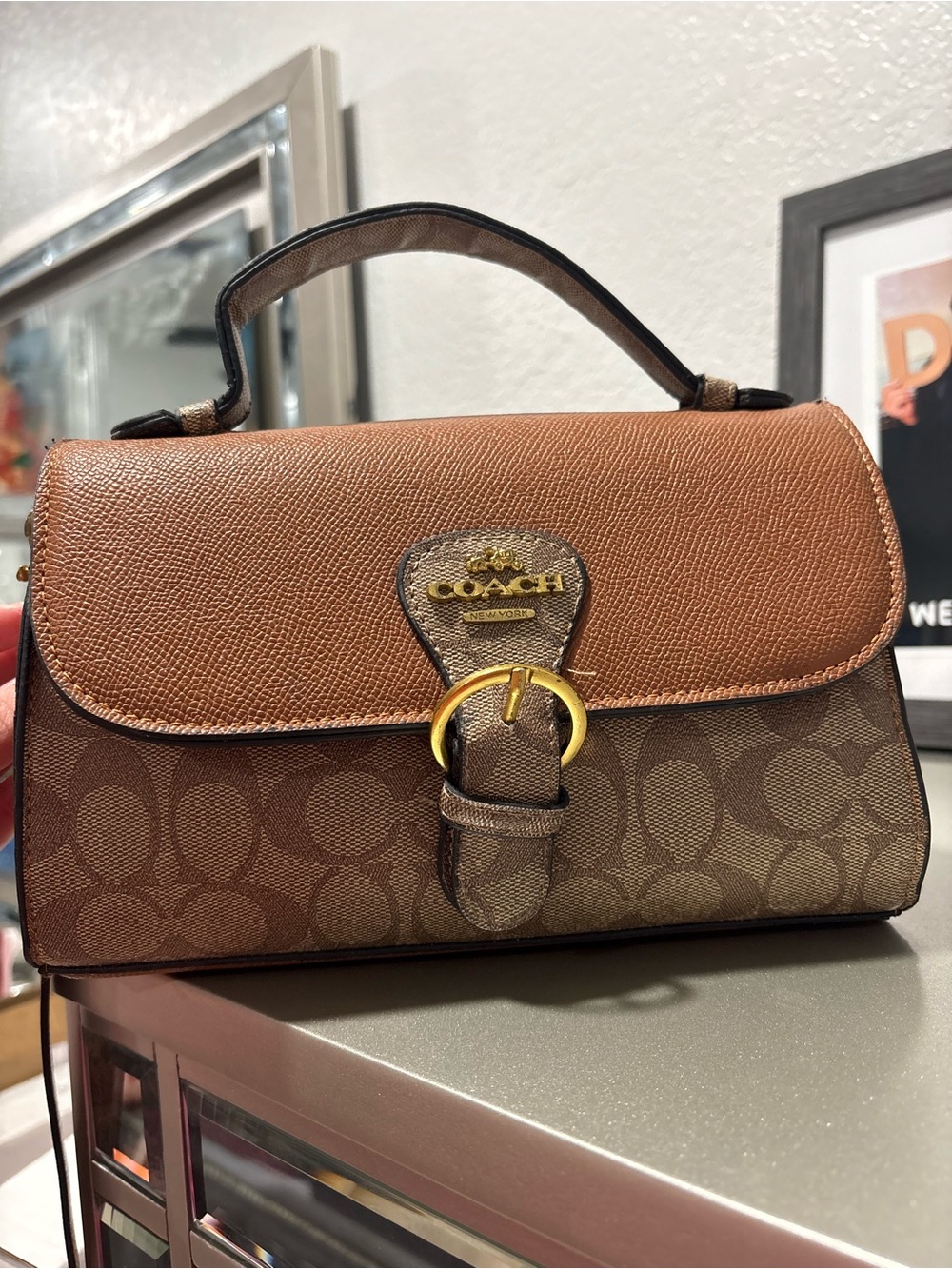 Brown Signature Satchel with Gold-Tone Buckle